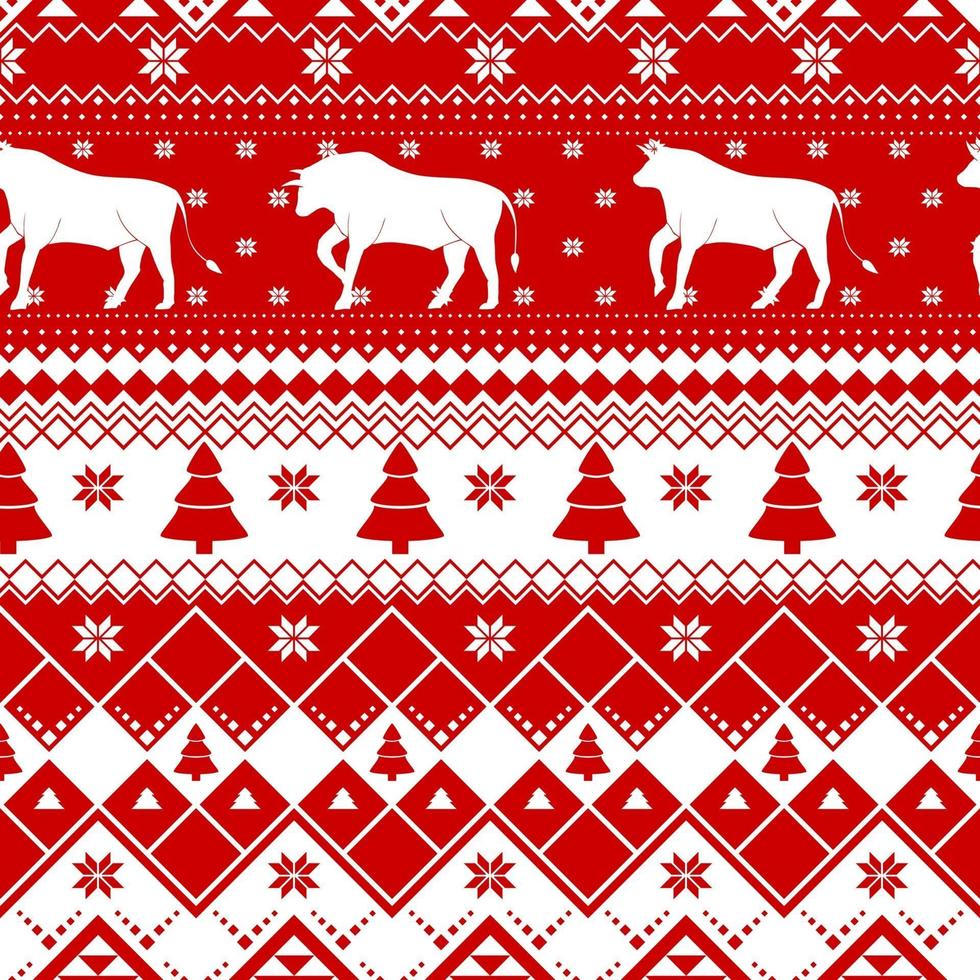 patrón de Navidad sin fisuras - vacas de Navidad variadas con adornos de Noruega. Fondo rojo y blanco feliz año nuevo. diseño vectorial para vacaciones de invierno. impresión para tela. vector