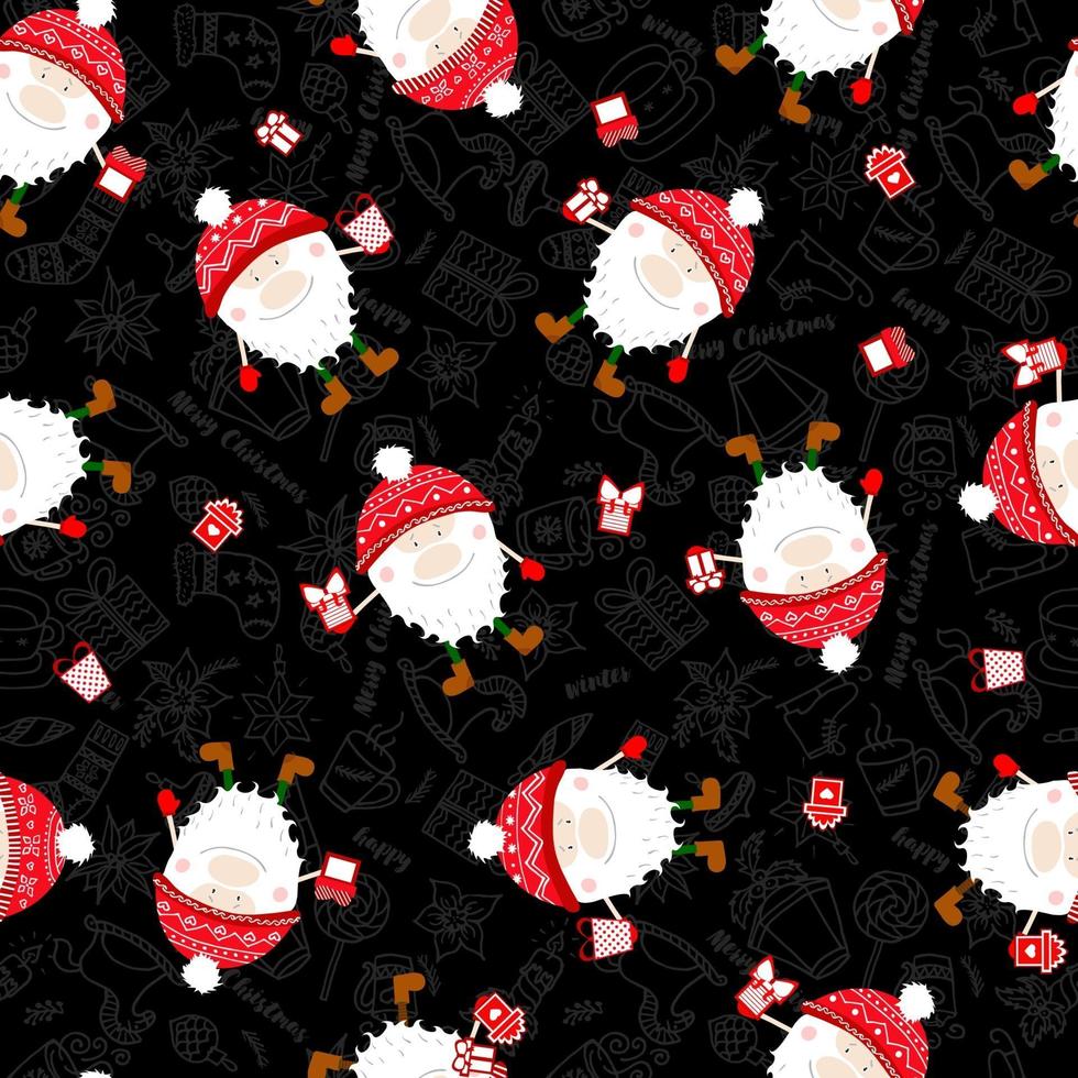 Seamless pattern with cute gnomes with gift. For wrapping paper, textiles, fabric and design idea for christmas. vector