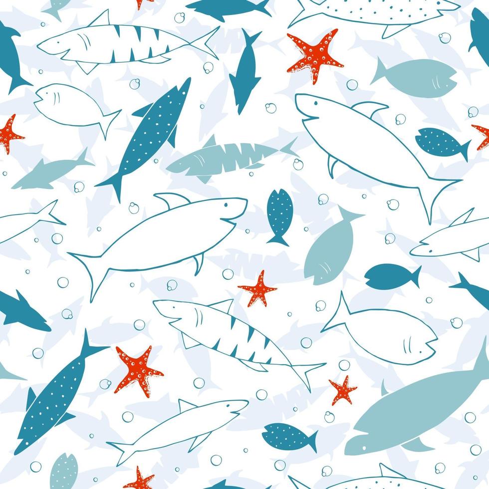 Gracioso estampado azul con tiburones, peces y estrellas. impresión para tela y papel de regalo. vector