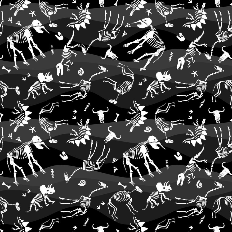 Dinosaur and animal bones on a dark background. Print for fabric. vector