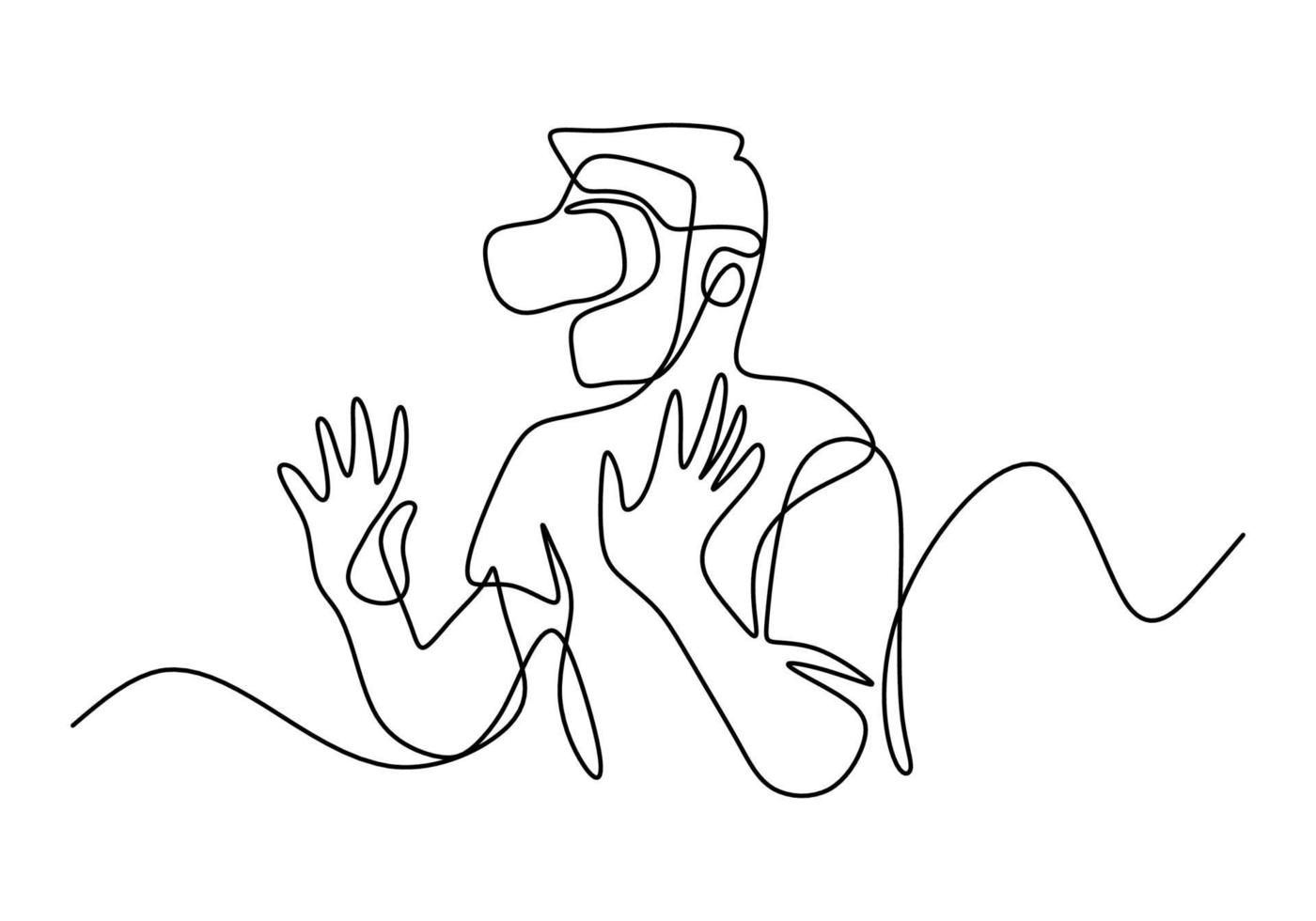 Man in glasses device virtual reality continuous one line drawing. A guy pretending to touch button while wearing virtual reality helmet isolated on white background. Vector illustration