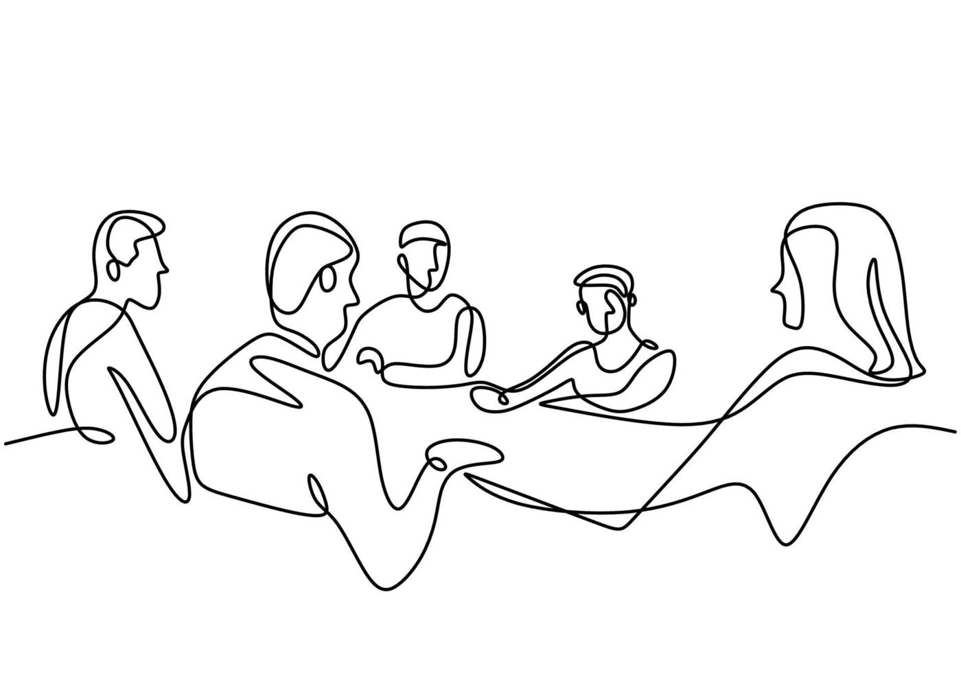 Continuous one line drawing of group of business people having discussion in conference room. Professional young business team is talking new project isolated on white background. Vector illustration