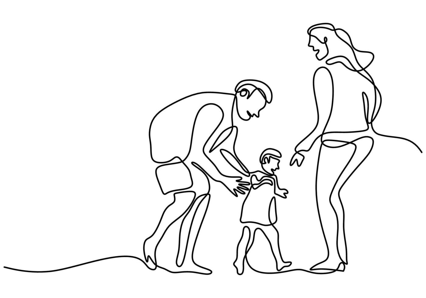 Continuous one line drawing of happy family father, mother and their child playing together at home field isolated on white background. Happy family parenting concept. Vector illustration