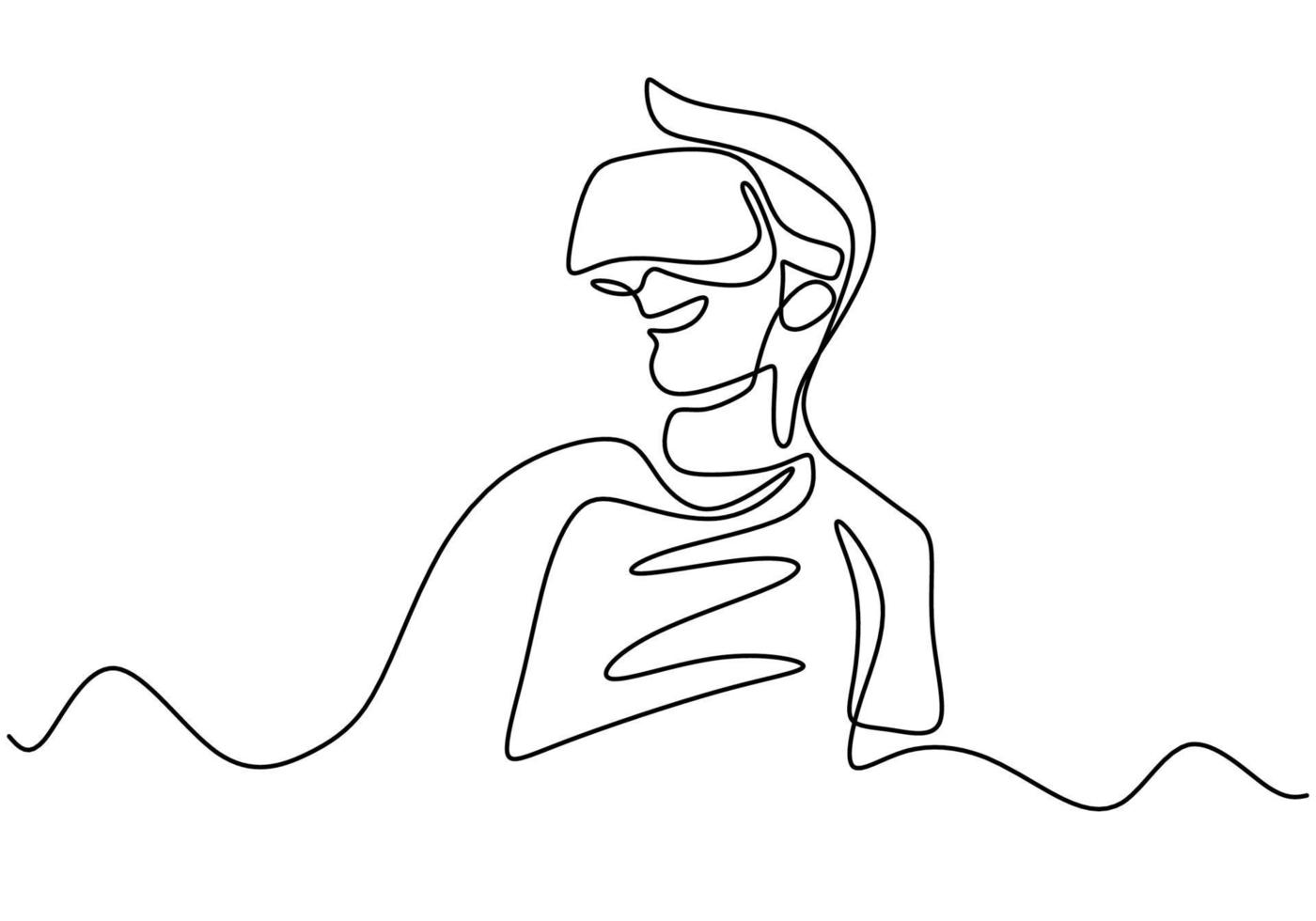 Young man wearing VR glasses one continuous line drawing. A young man uses glasses device virtual reality when playing games at home hand drawn line art minimalism style. Vector illustration