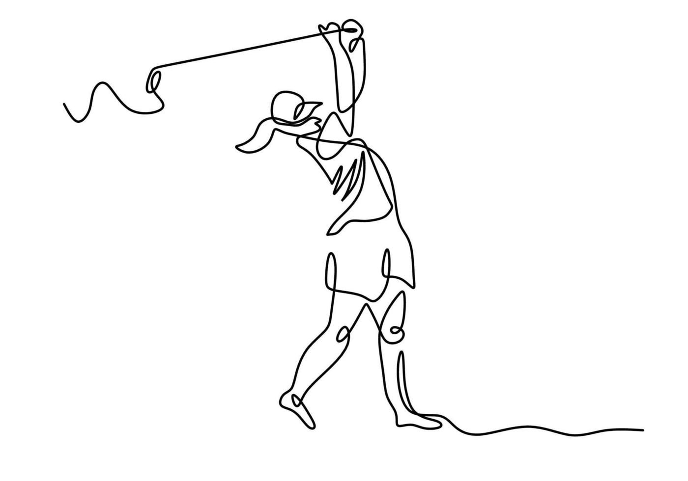 One continuous line drawing of young happy woman golf player swing the golf club to hit the ball. Beautiful girl playing golf in outdoor. Vector illustration for golf tournament promotion media