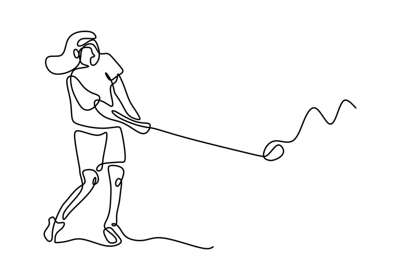 One continuous line drawing of young happy woman golf player swing the golf club to hit the ball. Beautiful girl playing golf in outdoor. Vector illustration for golf tournament promotion media