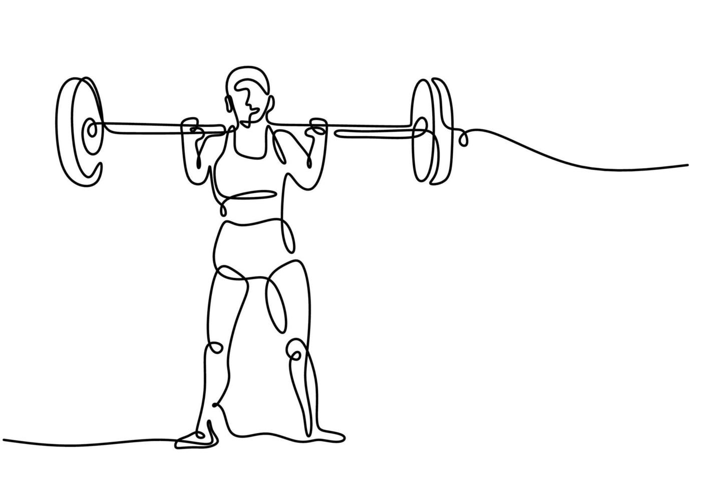 One single line drawing of young sportive man training lift barbell on bench press in sport gymnasium club center. Fitness stretching concept isolated on white background. Vector illustration