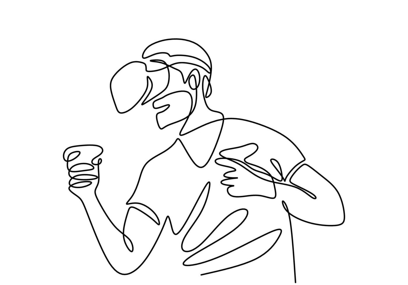 Continuous line drawing of man in VR glasses, holding motion controller. A male playing virtual games hand drawn line art doodle minimalist design. Technology, device, gaming, future, visual theme vector