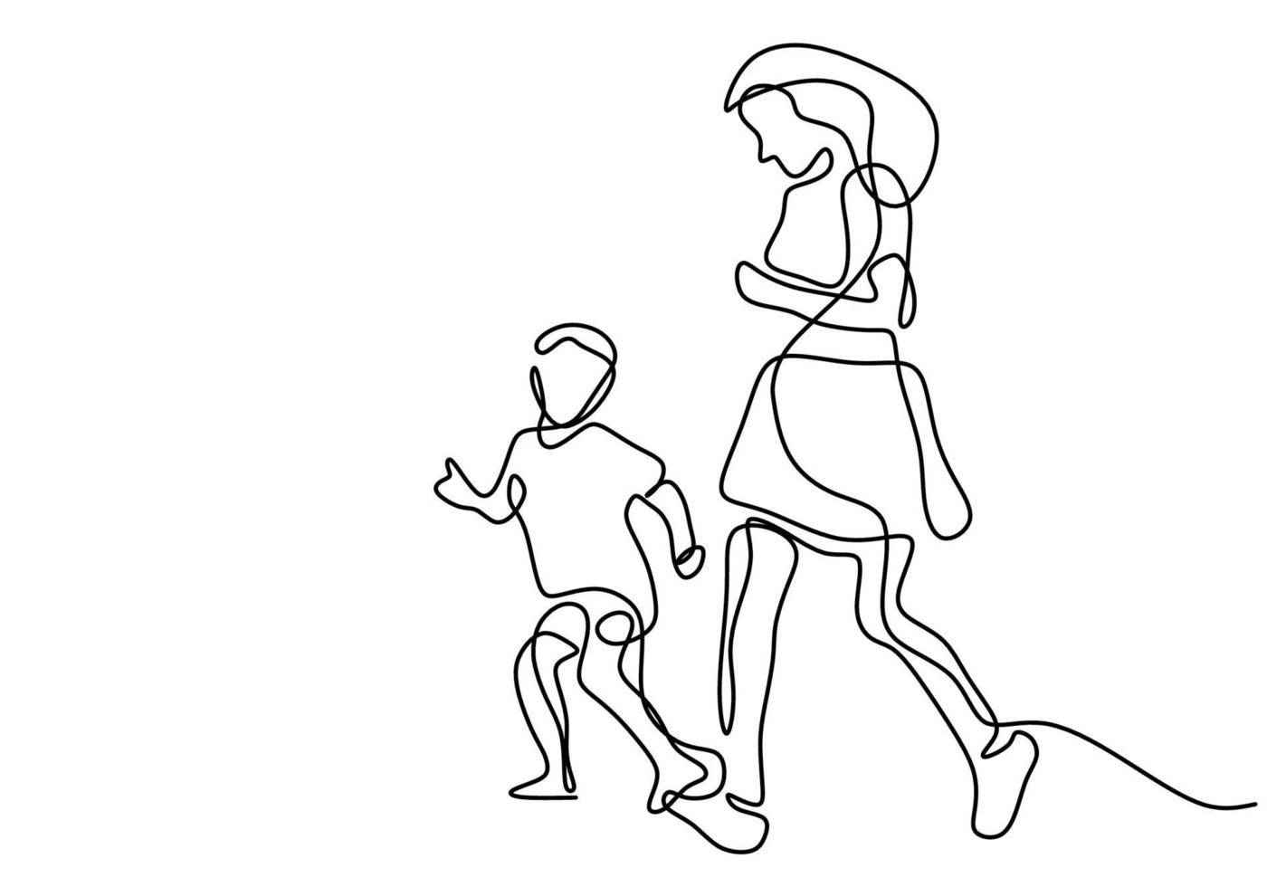 Continuous line drawing of young mother run together with her kid in the morning. Happy cheerful mom and son doing exercise at the field park. Family loving care concept. Vector illustration