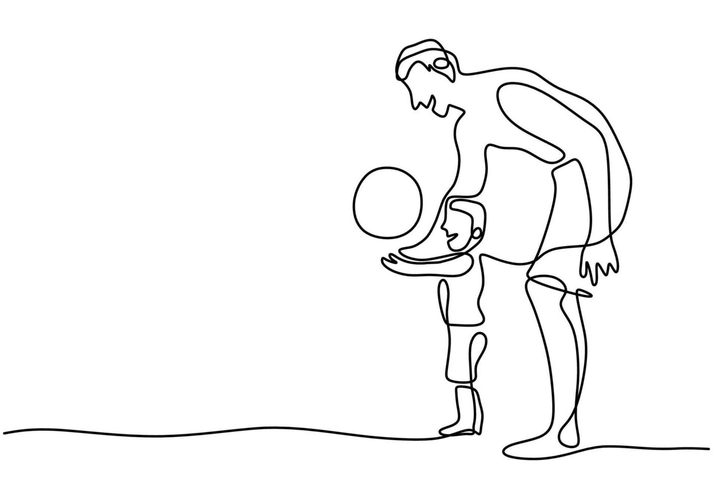 One single line drawing of young father with son play football at the beach. A dad plays with his son for the holidays. Happy parenting learning concept hand drawn art minimalist design vector