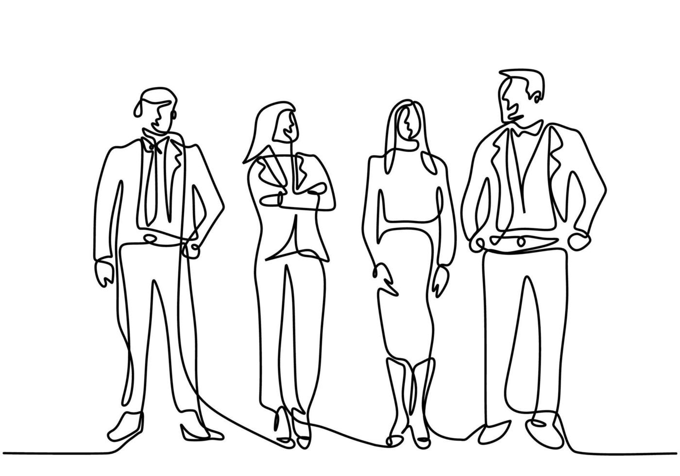 Continuous line drawing of business people standing with gentle and confident pose. Character professional office workers team. Vector illustration simplicity style of businessman and businesswoman.