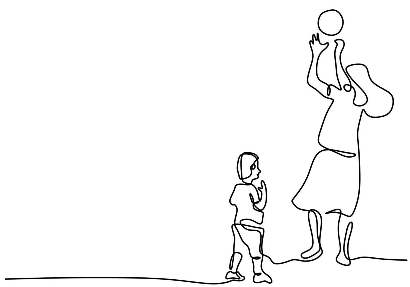 One continuous line drawing of young mather playing the ball with her little child throwing together. Happy mom spending time with her son at home isolated on white background. Minimalism design vector