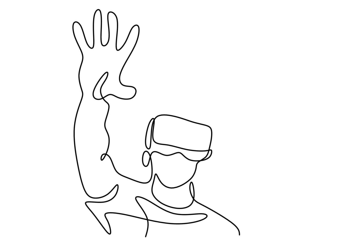 Continuous one line drawing of man reaching something while playing simulation game. Young male wearing a helmet virtual reality glasses isolated on white background. Vector illustration