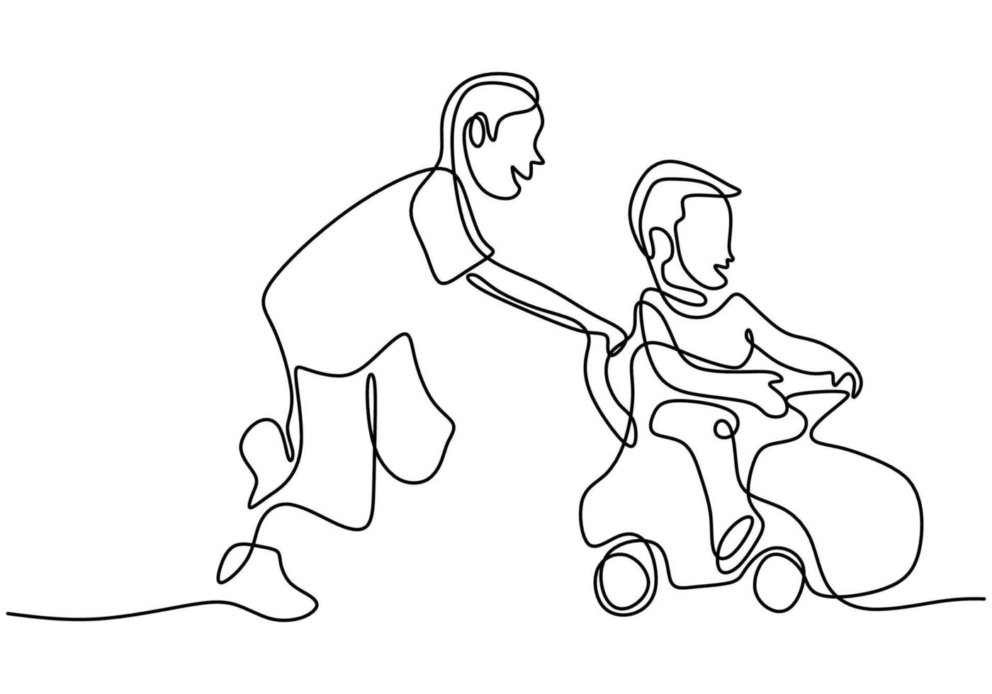 una línea continua dibujada de un hijo le enseña a su hermano pequeño a andar en bicicleta. dos niños jugando una bicicleta en el campo aislado sobre fondo blanco. concepto de hermandad feliz. ilustración vectorial vector