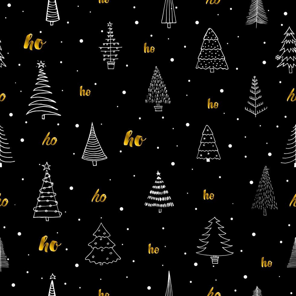 Seamless pattern with different Christmas trees and  gold ho-ho. Black liner rough hand drawing. Can be used  for fabric, phone case and wrapping paper. vector