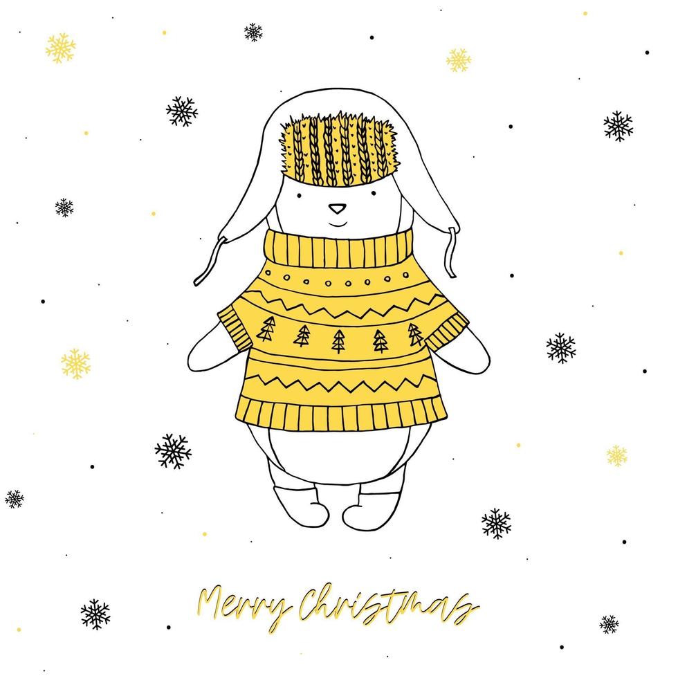 pingüino con suéter y sombrero. tarjeta de felicitación feliz navidad. vector