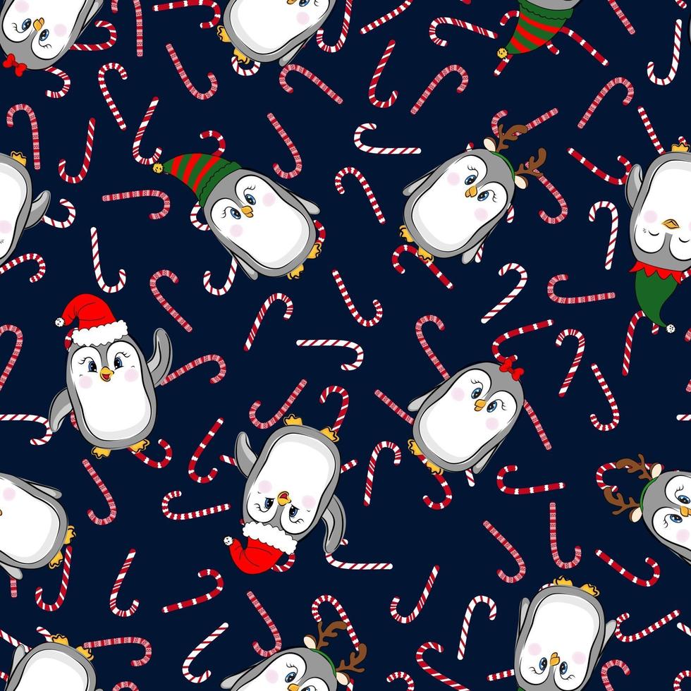 estampado navideño con divertidos pingüinos y bastones de caramelo. Patrón de Navidad sin costuras para tela, textil y papel de regalo. vector