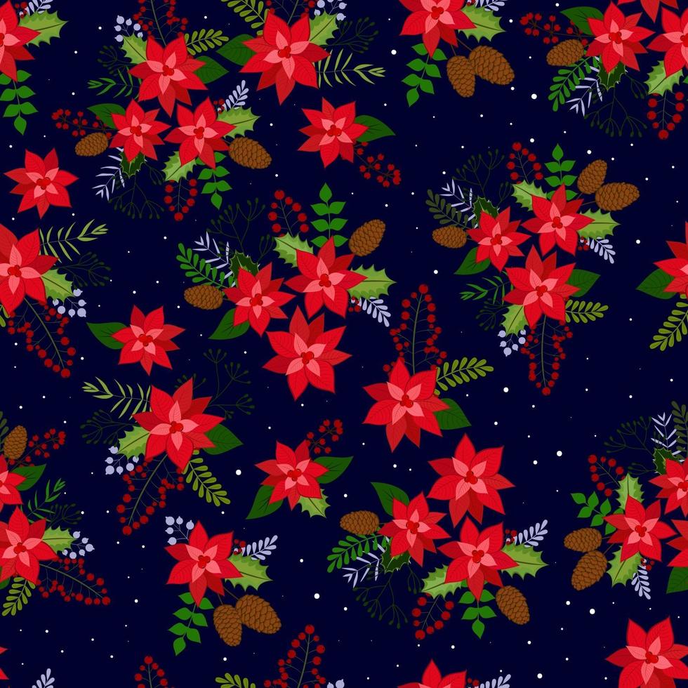 Seamless Christmas Background with poinsettia red, pine cone, rowan berries and snow. Vector background for fabric, wrapping paper and holiday textile.