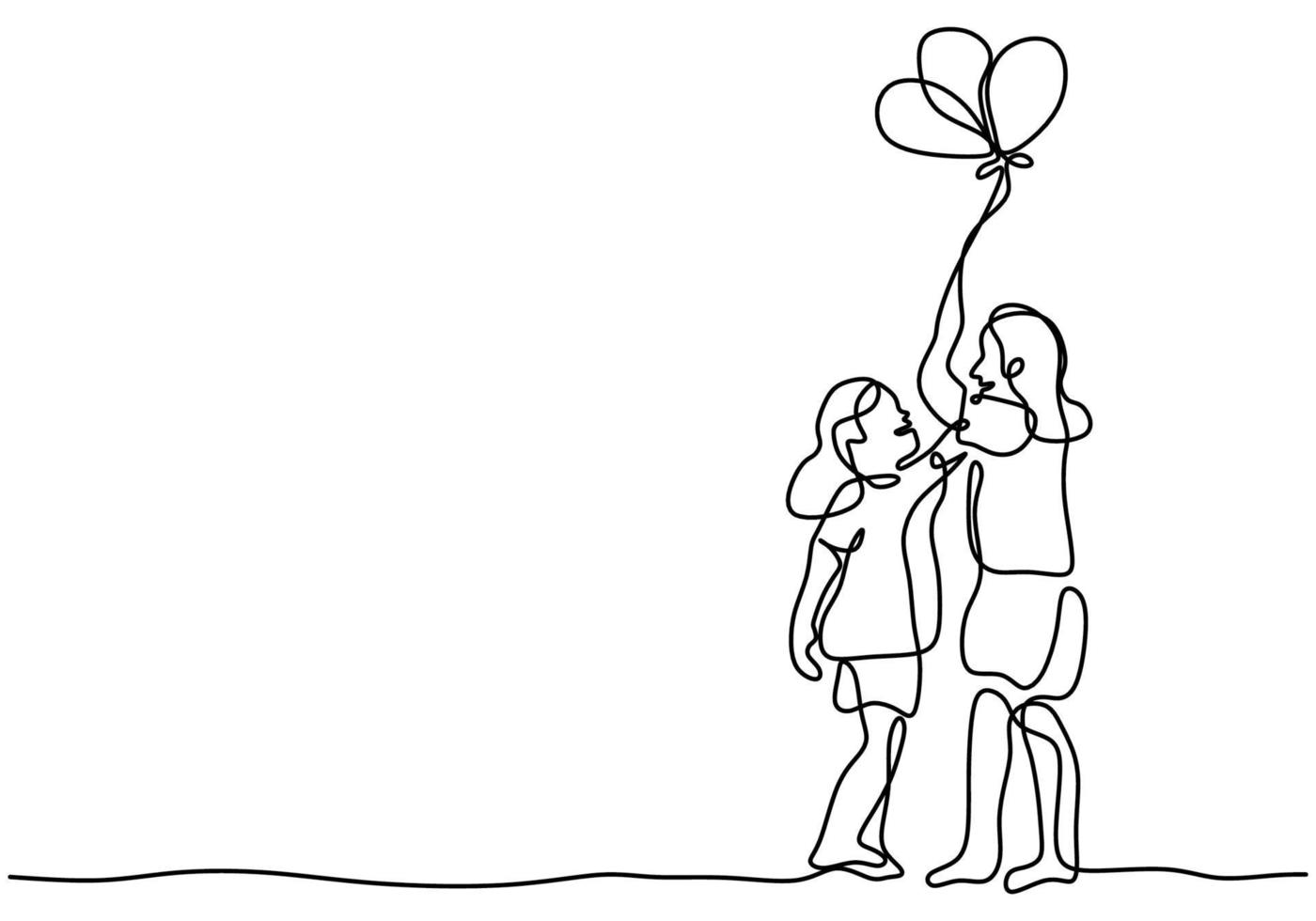 Continuous line drawing of two children playing balloon. Happy cheerful two girls is holding a waving balloon in the wind isolated on white background with minimalism style. Vector illustration