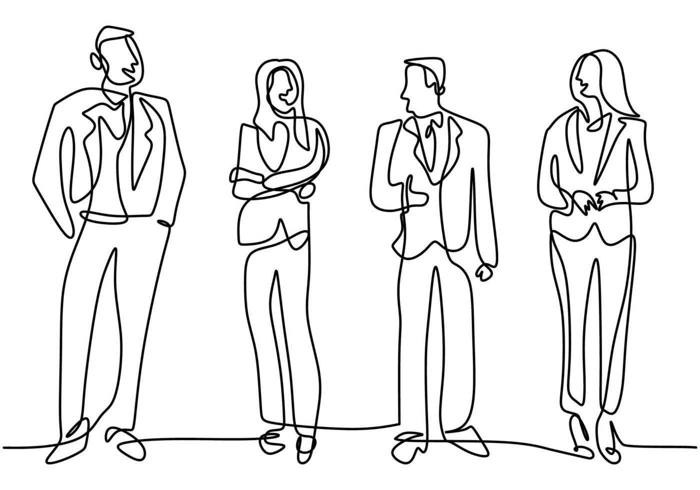 Continuous line drawing of business people standing with gentle and confident pose. Character professional office workers team. Vector illustration simplicity style of businessman and businesswoman.