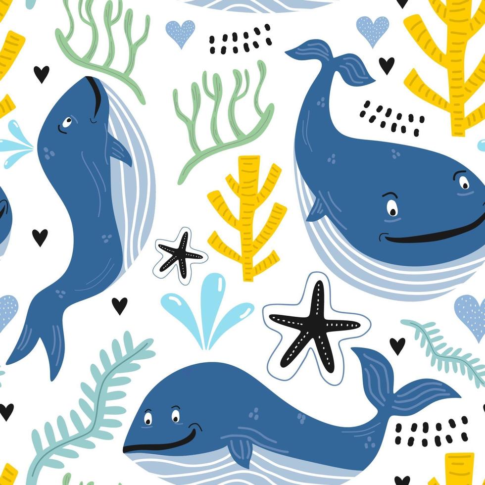 Seamless pattern with cute swimming whales. Undersea animals. Creative childish background. Perfect for kids apparel, fabric, textile, nursery decoration, wrapping paper.Vector Illustration vector