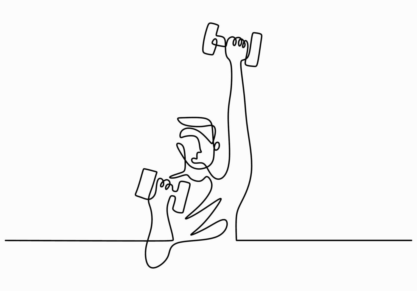 Hombre que sostiene el ejemplo del vector del dibujo de una línea continua de la barra. un hombre atlético fuerte que levanta pesas y que se entrena como culturista. tema de gimnasio de entrenamiento estilo minimalista de arte lineal dibujado a mano