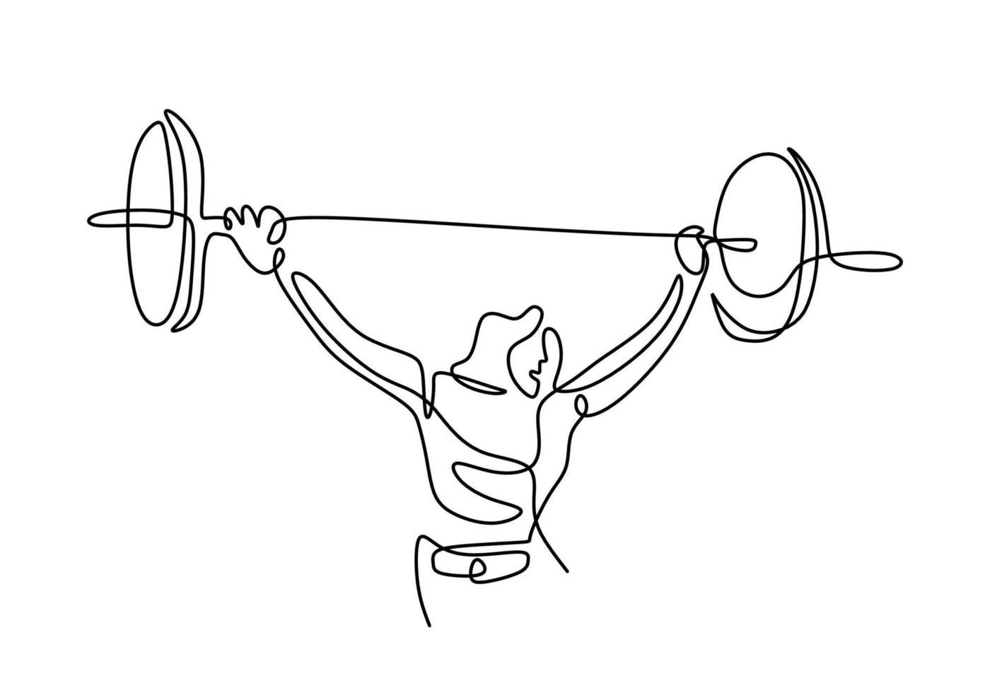 Continuous line drawing of young strong weightlifter woman preparing for barbell workout in gym isolated on white background. Weight lifting training concept. Character lady working out vector