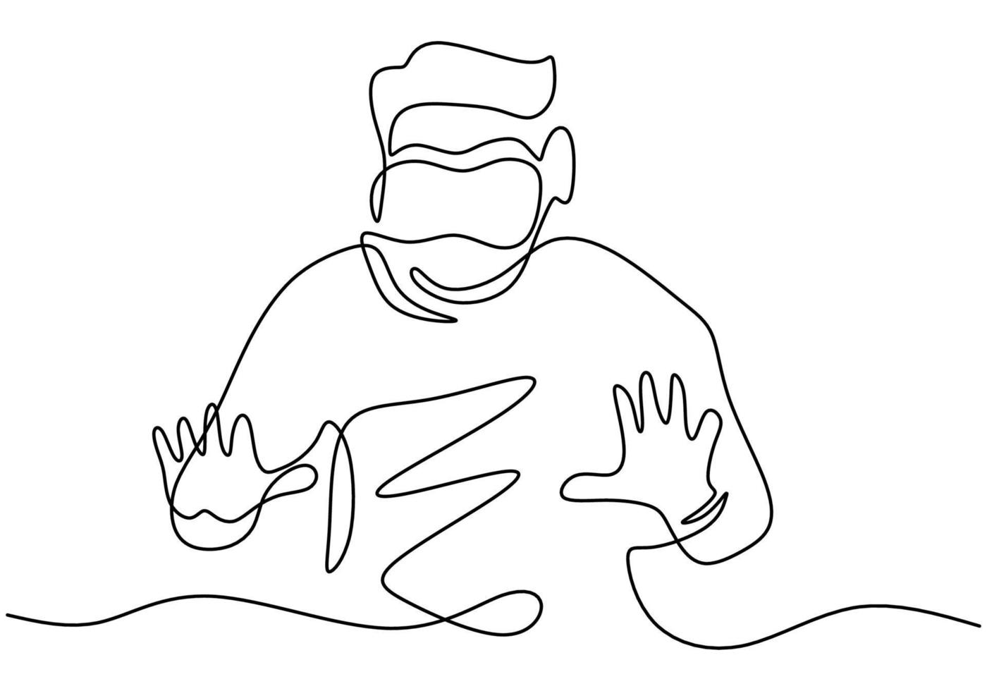 Man in glasses device virtual reality continuous one line drawing. A guy pretending to touch button while wearing virtual reality helmet isolated on white background. Vector illustration