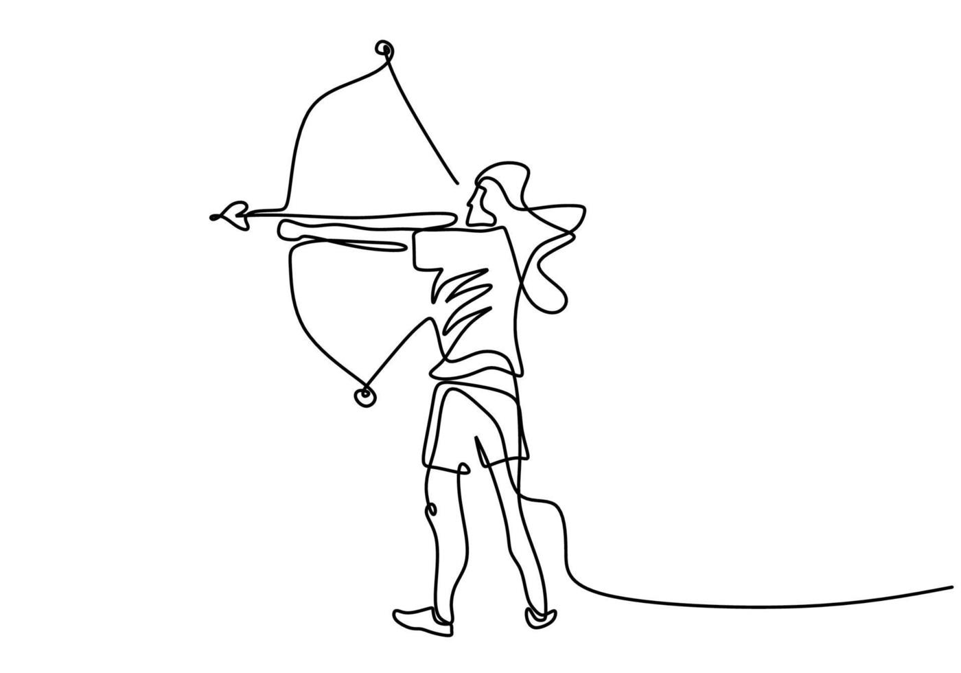 One continuous line drawing of young energetic archer woman pulling the bow to shooting an archery target. Professional archer female focus to hit target hand drawn with minimalist design vector