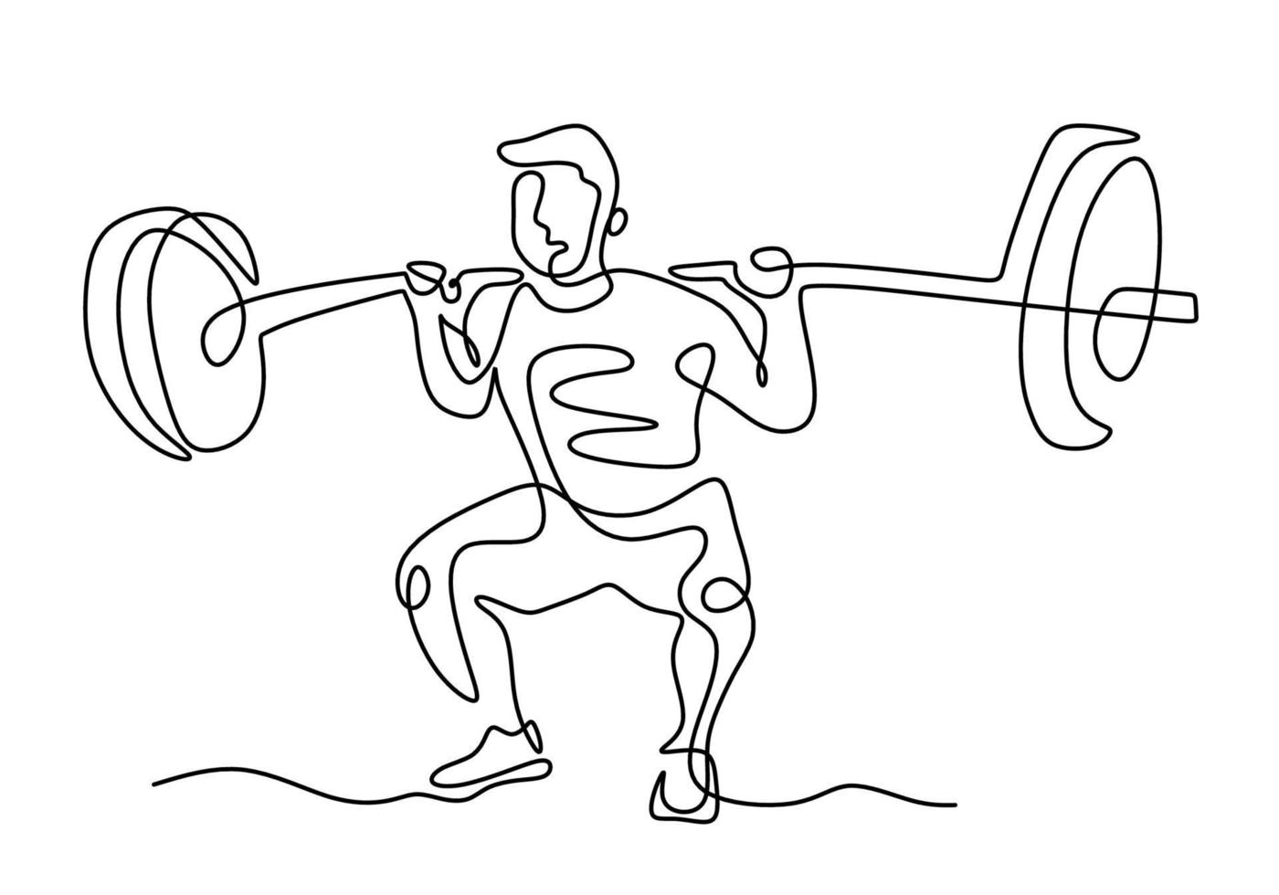 One continuous drawn weightlifter line art from the hand a picture of the silhouette. Weight lifting training concept. Character male athlete lifting barbell isolated on white background vector