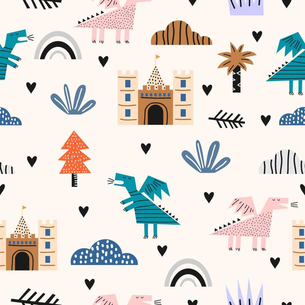 lindos dinosaurios divertidos niños libélula con castillo, palmera, arco iris y nubes de patrones sin fisuras. perfecto para ropa infantil, telas, textiles, decoración de guardería, papel de regalo. ilustración vectorial vector