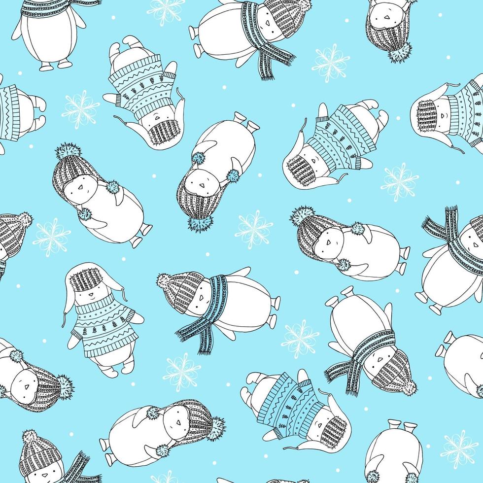 Seamless pattern with funny penguins in knitted clothes and snowflakes. Merry Christmas pattern blue. vector