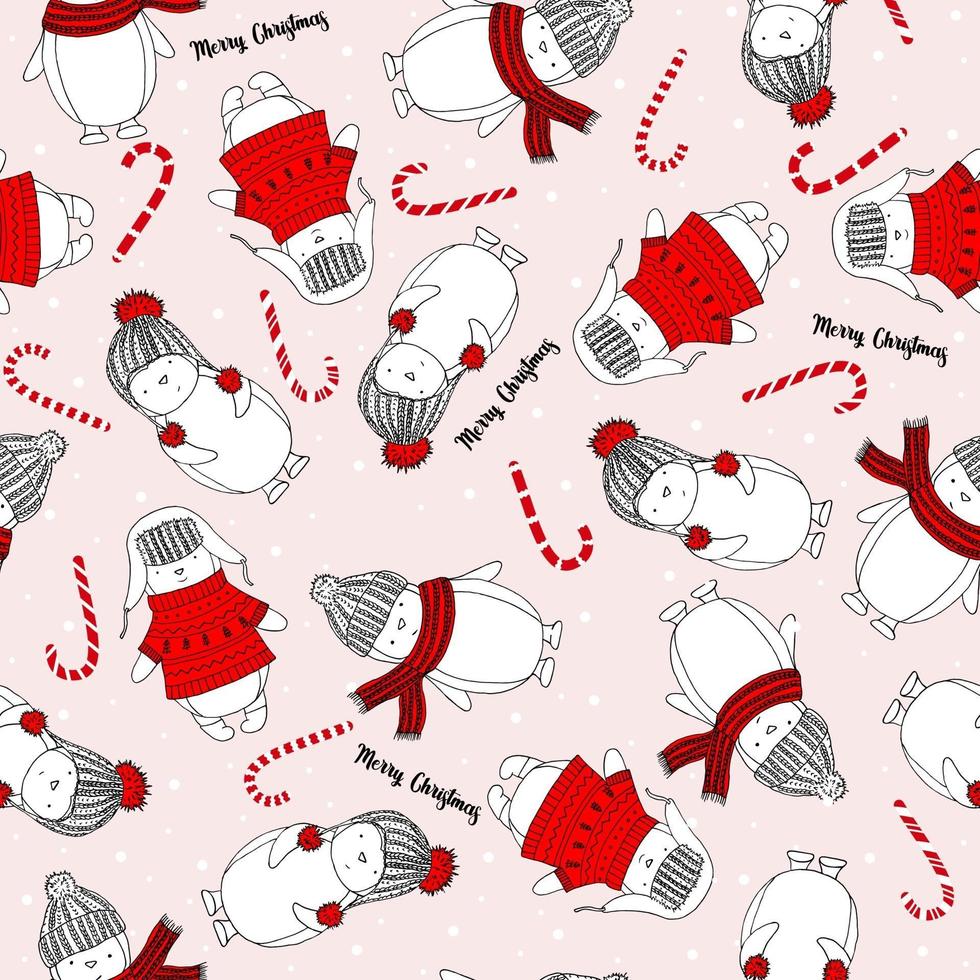 Seamless pattern with funny penguins in knitted clothes and candy cane. Merry Christmas pattern. vector