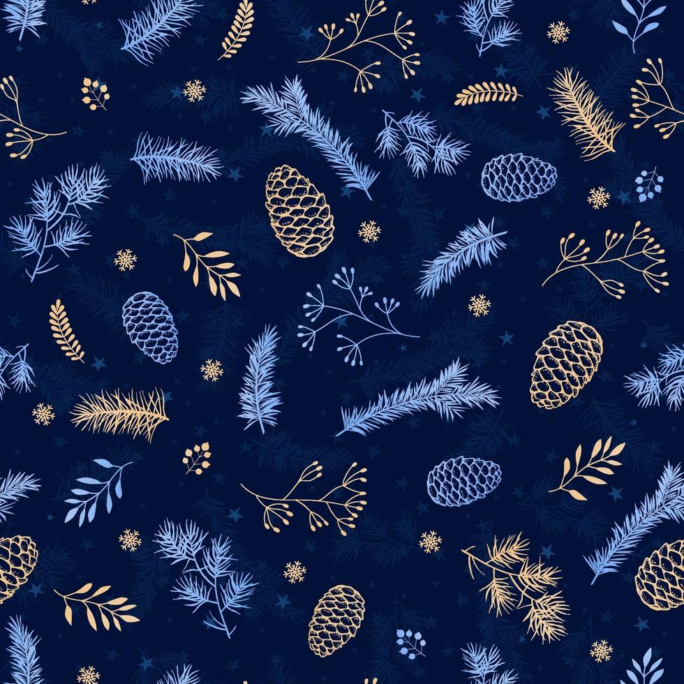 impresión perfecta con piñas y ramitas sobre un fondo azul con estrellas. diseño navideño para imprimir en tela, textiles, papel de regalo y elementos de diseño navideño. vector