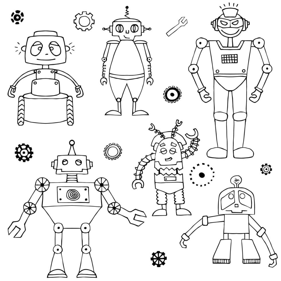 Set of sketch robots. Print for fabric and design ideas. vector