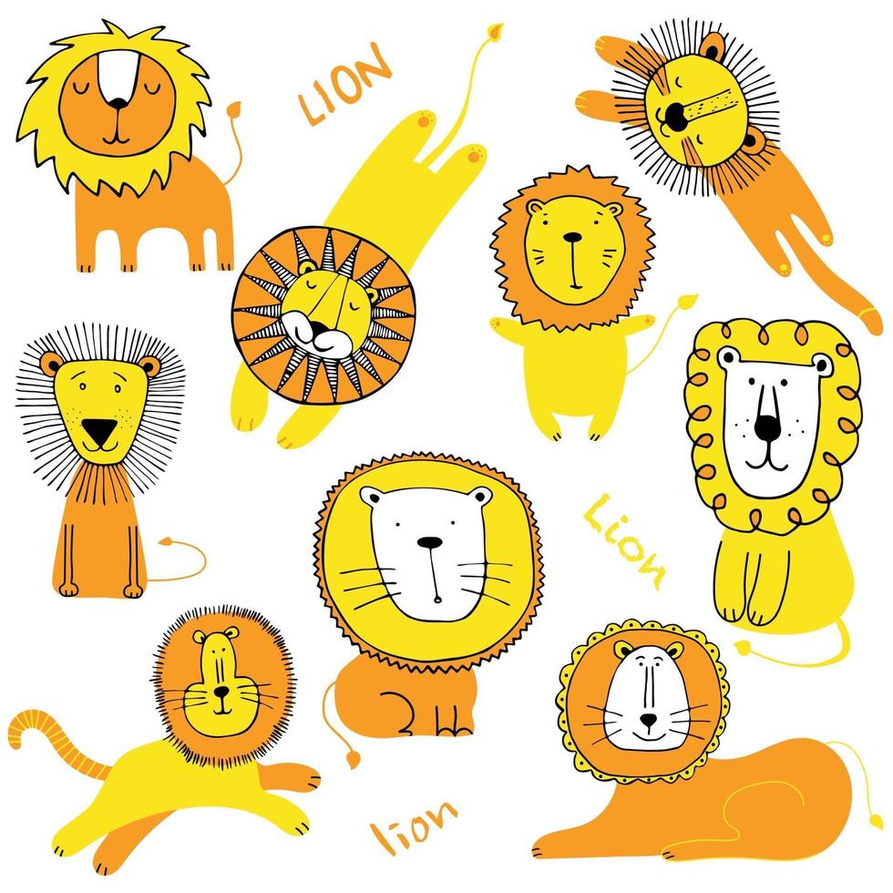 Collection of funny lions drawing. Print for t-shirt textile graphic design. Collection cute lions illustration for kids. vector