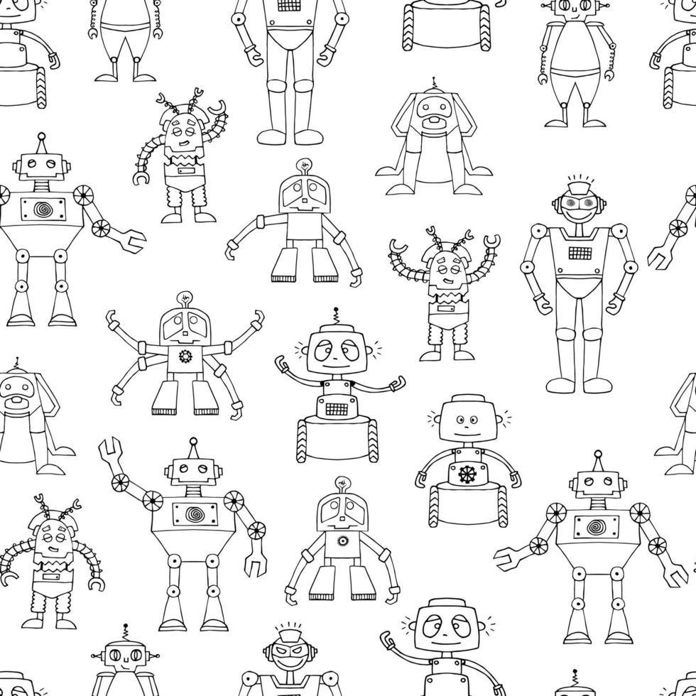robots doodle sin fisuras. impresión monocromática para telas e ideas de diseño. vector