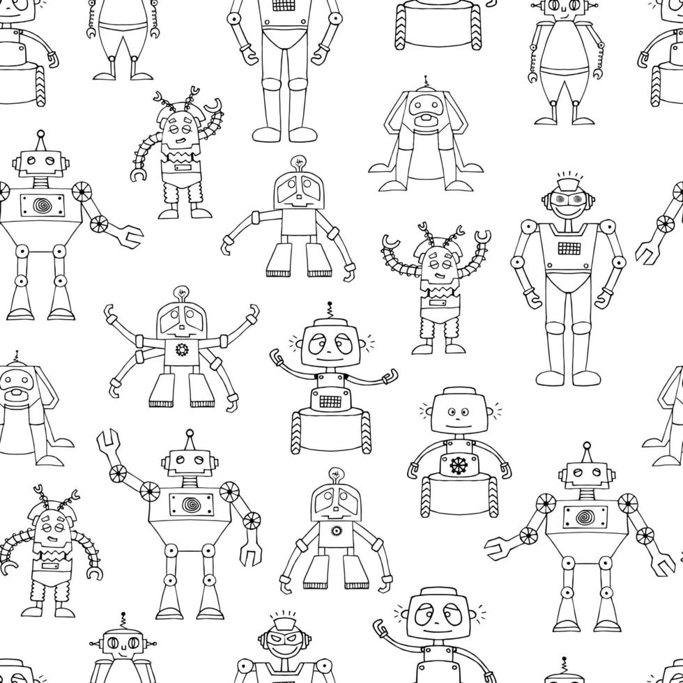 Seamless doodle robots. Monochrom print for fabric and design ideas. vector