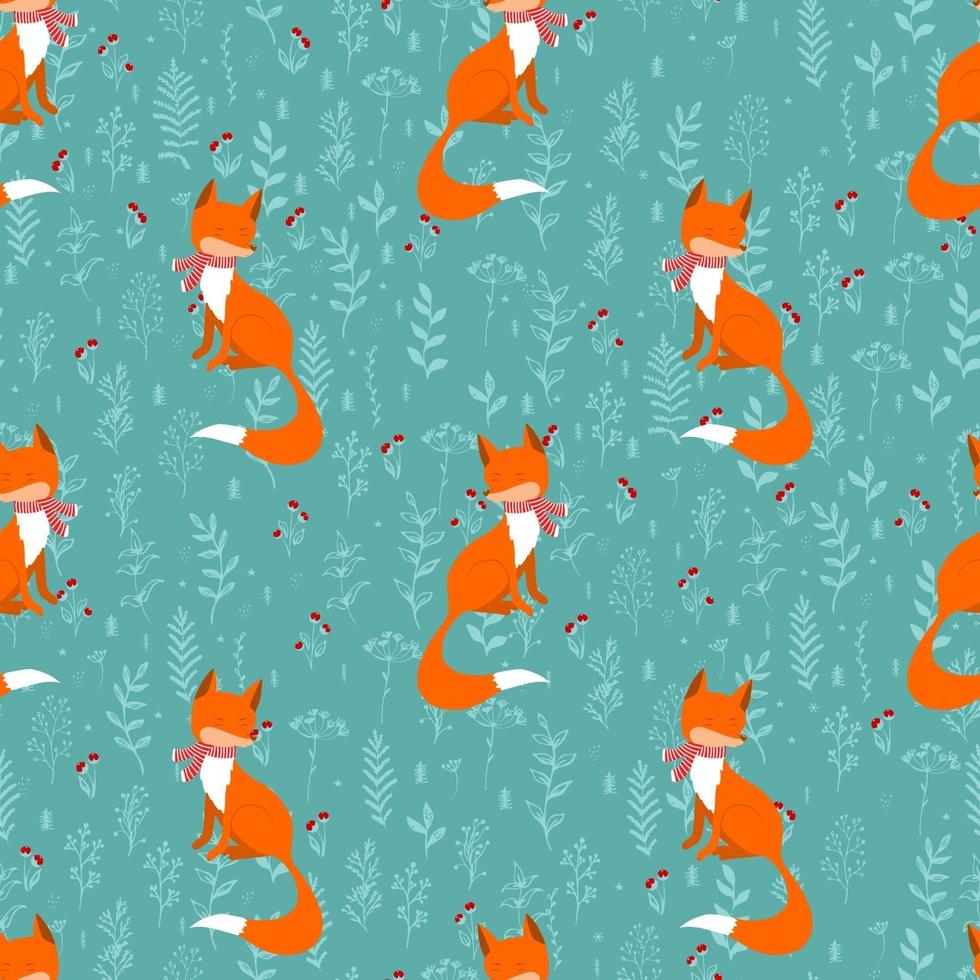 Winter foxes on background berry branch seamless pattern. Funny background Christmas blue. Print for winter design, fabric and cover. vector