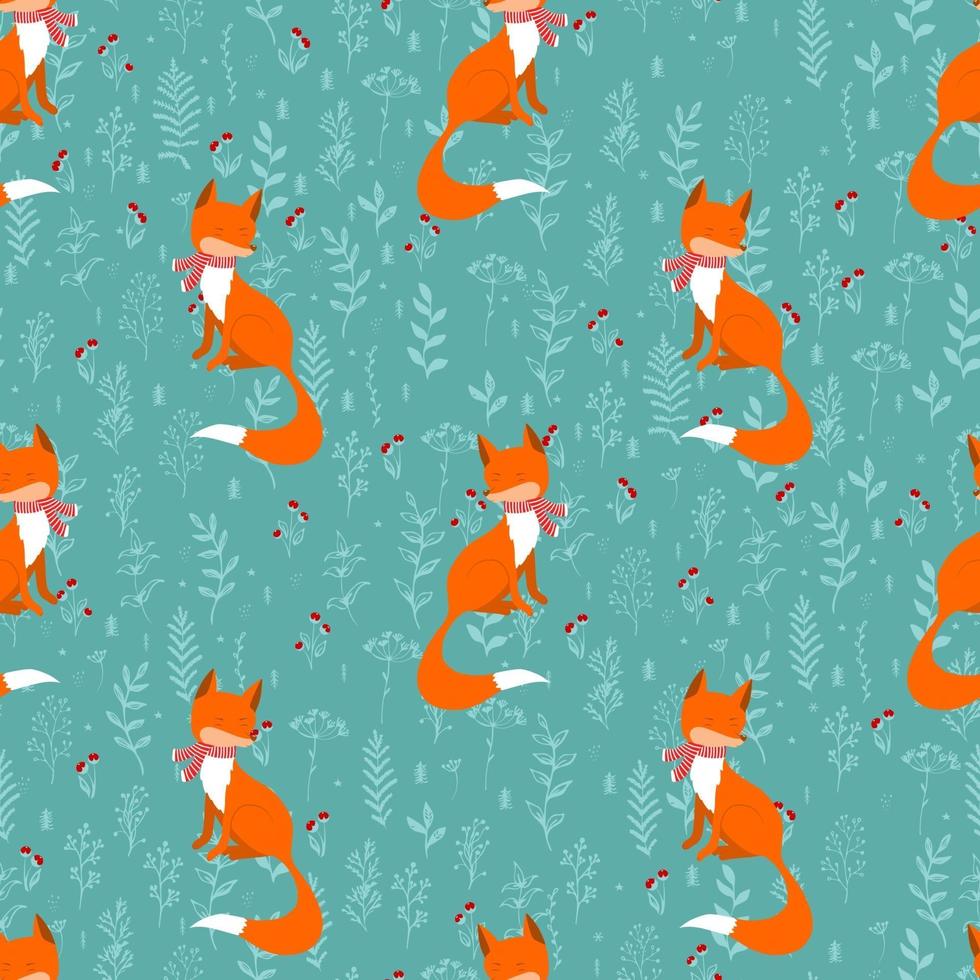 Winter foxes on background berry branch seamless pattern. Funny background Christmas blue. Print for winter design, fabric and cover. vector