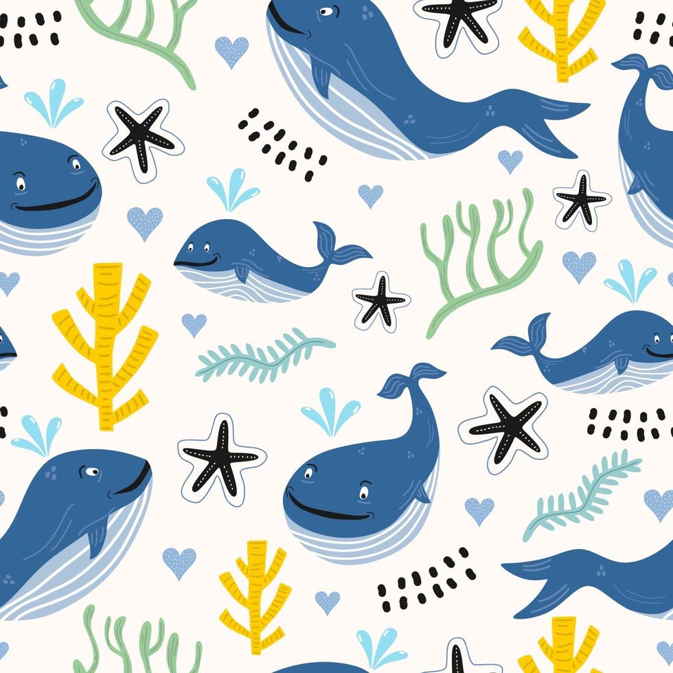 Seamless pattern whales with seaweed and coral reefs. Hand-drawn colored cute childish whales in the sea. Ocean animals concept. Childish texture for fabric, textile, apparel. Vector illustration