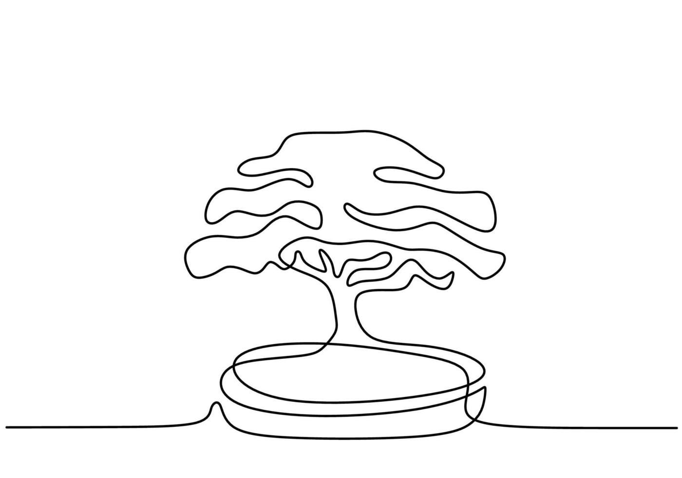 Bonsai decorativo en macetas con dibujo continuo de una línea. Bonsai exótico de belleza antigua para decoración de paredes de arte en casa. antigua planta en maceta estilo minimalista sobre fondo blanco. vector