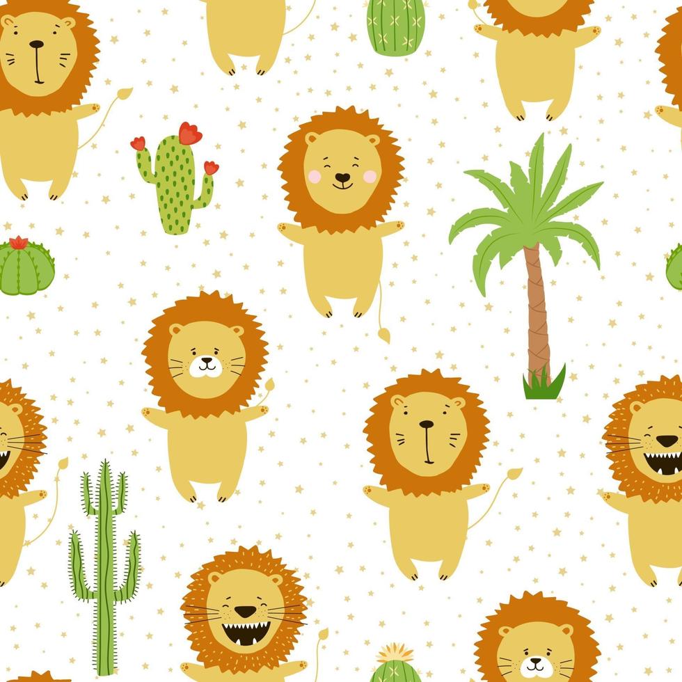 patrón sin fisuras con divertidos cachorros de león de África con palmeras y cactus. estampado para ropa infantil y textil. vector