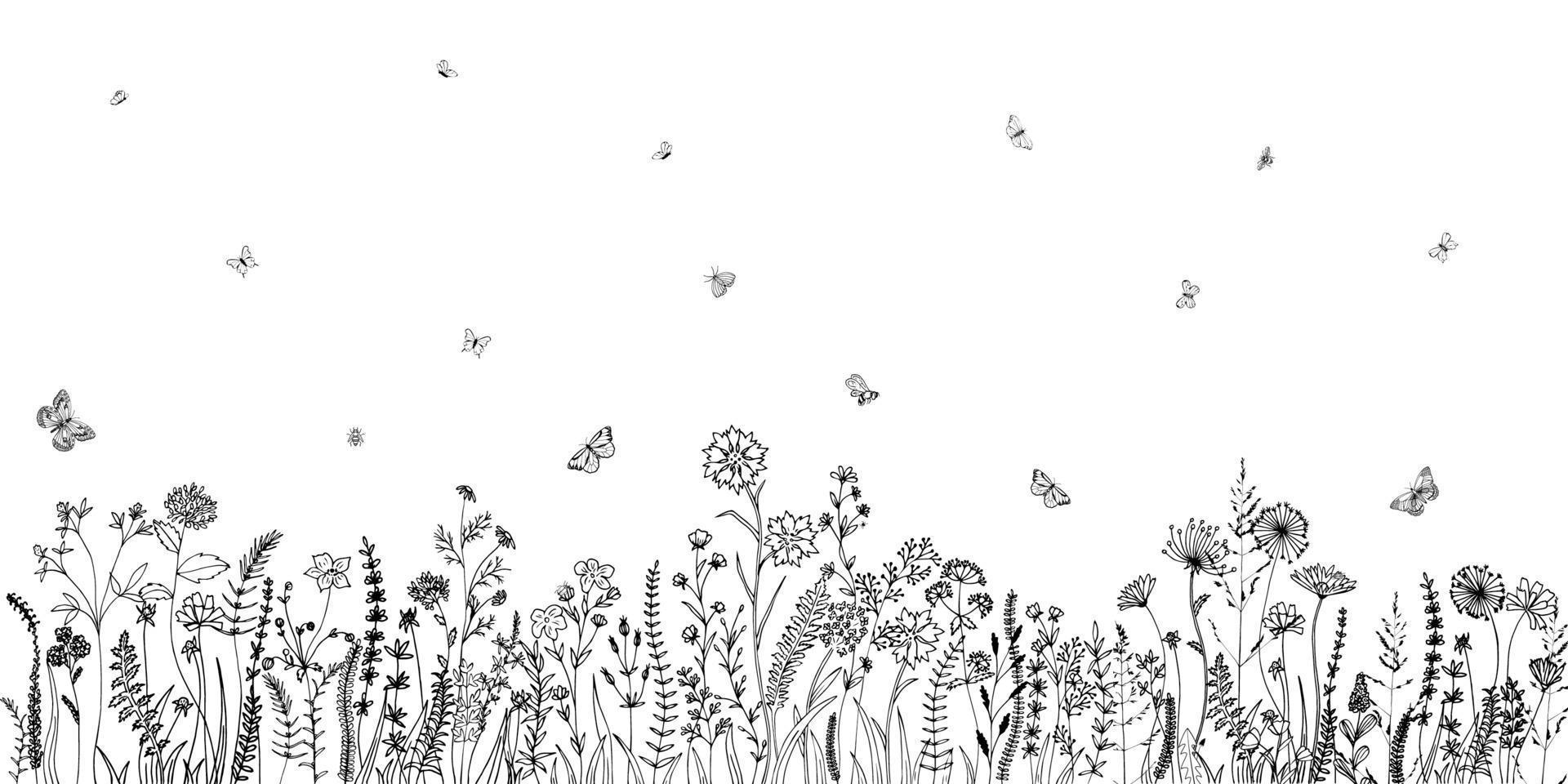 Wildflowers and various insects. Fashion sketch for various design ideas. Monochrome print. vector