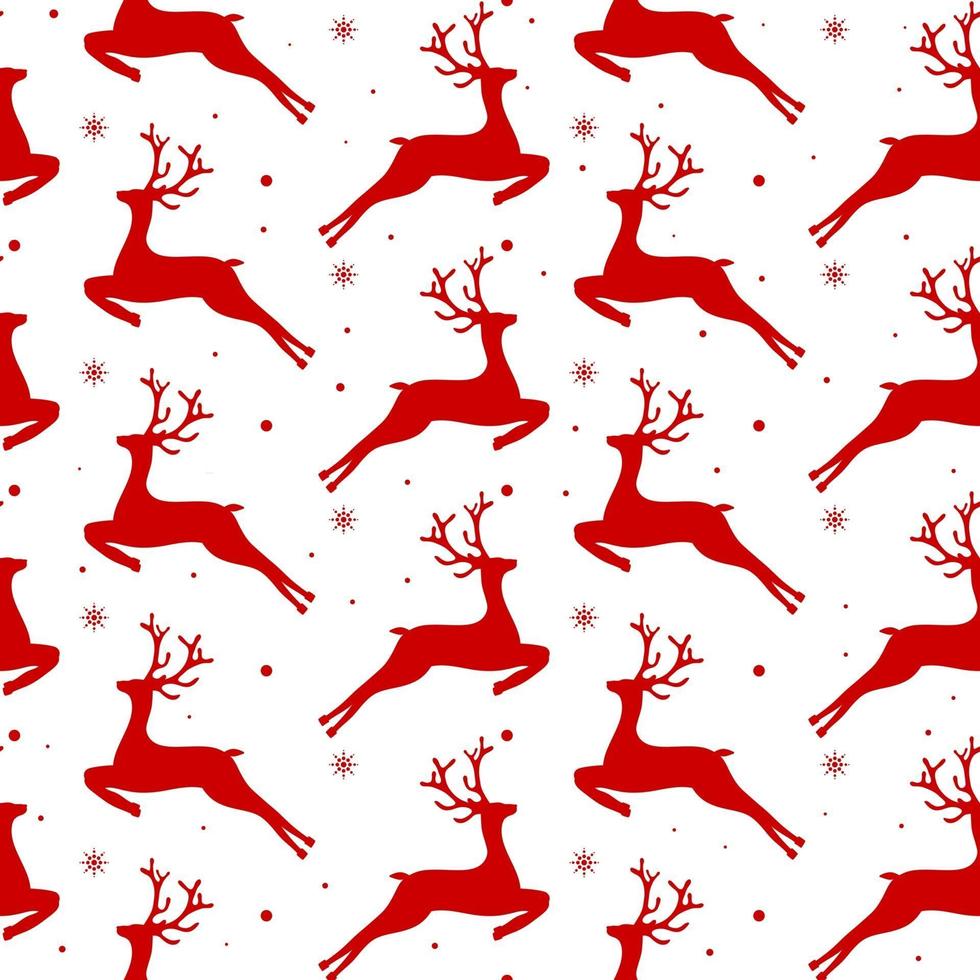 patrón sin fisuras con ciervos rojos y copos de nieve. estampado navideño para ropa, textiles de cocina y papel de regalo. vector