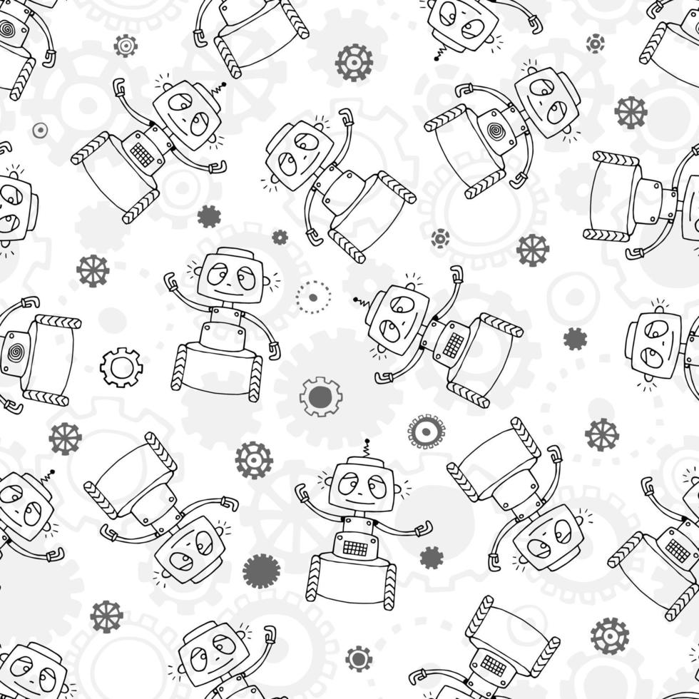 Seamless pattern with funny robots and gears. Print for fabric