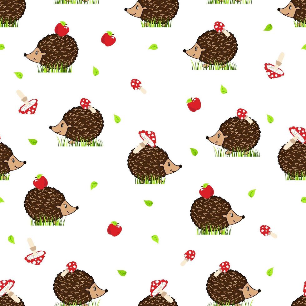 Hedgehogs with mushrooms and apples on the grass. Seamless pattern with hedgehogs and fly agaric. Print for fabric, wrapping paper and phone case. vector