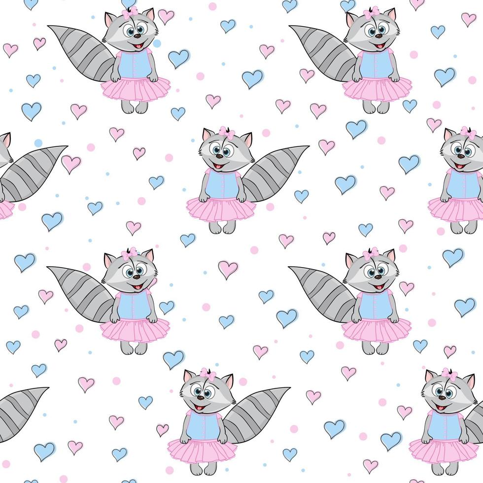 Cartoon raccoon in a dress with hearts. Seamless funny pattern. Print for kids clothes and element design. vector