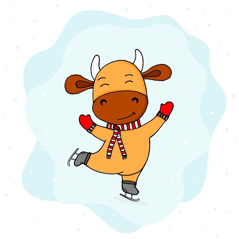 vaca divertida en patines. ilustración vectorial de vaca de invierno. vector