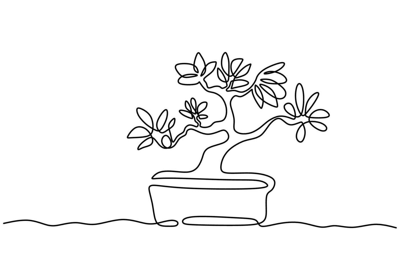 un árbol de los bonsais en maceta un vector de dibujo de línea continua aislado sobre fondo blanco con un diseño minimalista. Plantas decorativas en miniatura antiguas para el diseño de interiores del hogar. concepto de planta de interior